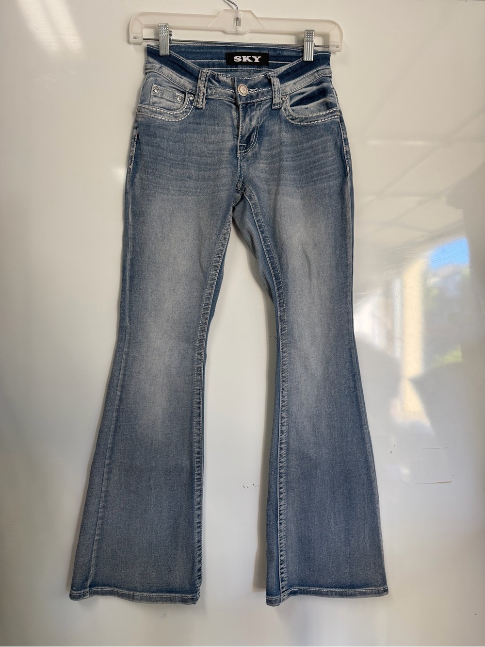 SKY Premium Collection Low Rise Flare Jeans Skull Floral Rhinestone Size 00